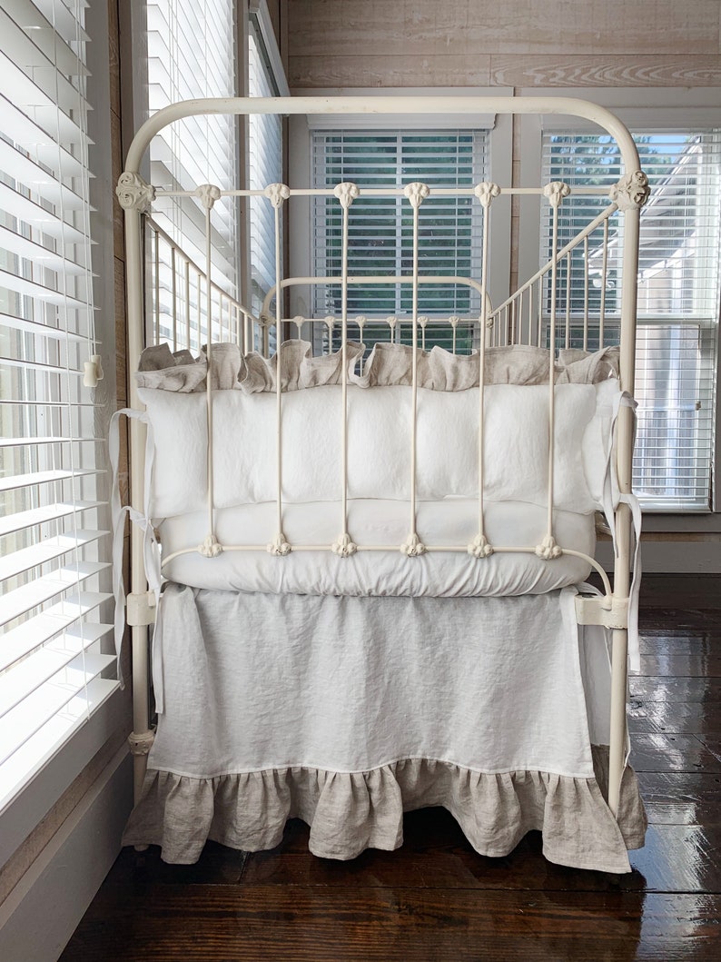 Linen Baby Bedding Set in White and Oatmeal Ruffled Linen Etsy