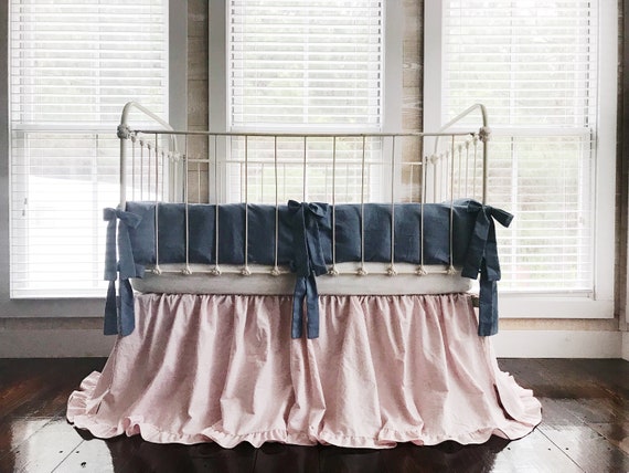 Denim And Pink Crib Bedding Set Crib Set For Girls Denim Etsy