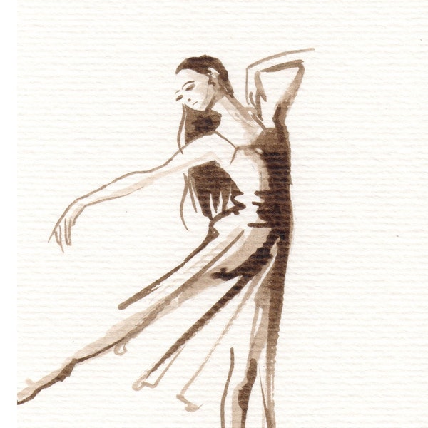 Petite peinture encre sépia Dessin original et unique format carte postale Danseuse robe longue et pointes Danse Comédie Musicale Noir blanc