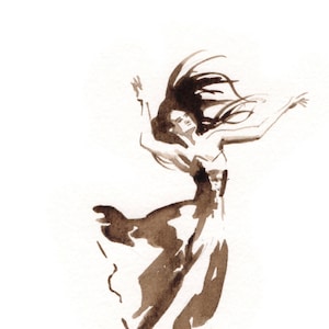 Cuadro pequeño tinta sepia Dibujo original y único formato postal Bailarina vestido largo saltando pelo suelto Comedia Musical