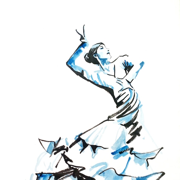 aquarelle originale noir et bleu format 15x21 danse espagnole Femme en robe longue traditionnelle flamenco gitane cadeau oeuvre à encadrer