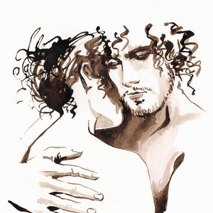 Druckillustration Tuschemalerei Liebhaber Format A4 Nacktes Paar umarmt Liebende umarmen Liebe sexy welliges Haar Sassenach