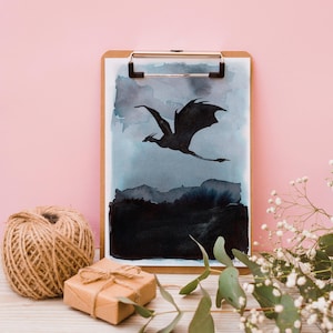 Lot smoka krajobraz mitologiczny i fantastyczny Latający Smok Home Decor Oryginalny i niepowtarzalny papier kredowy akwarelowy w czarnym tuszu