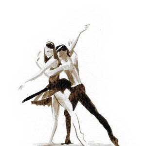 Piccolo dipinto originale e unico inchiostro brou noci Sepia Art carta Coppia di ballerini classici tutu Offrire lavoro il bacio