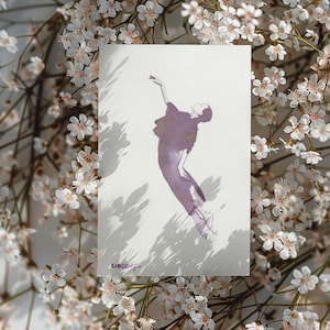 Cadeau original Encre violette peinture aquarelle unique à encadrer saut de danseuse moderne saut cheveux en chignon format carte postale