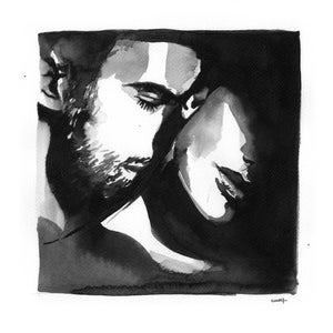 Schwarz-weiße Tusche, Mann gibt seiner jungen Frau einen Kuss auf den sexy Hals. Originale und einzigartige Zeichnung auf Kunstpapier im Format 25 x 25 cm