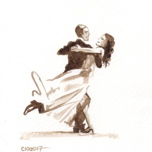 Liebesgeschenk. Paar tanzt den Walzer. Einzigartige Zeichnung – Tinte aus Sepia-Walnussschalen – Musik-Tanz-Duo – Schwarz und Weiß – Sinnlich – Sexy – Liebe