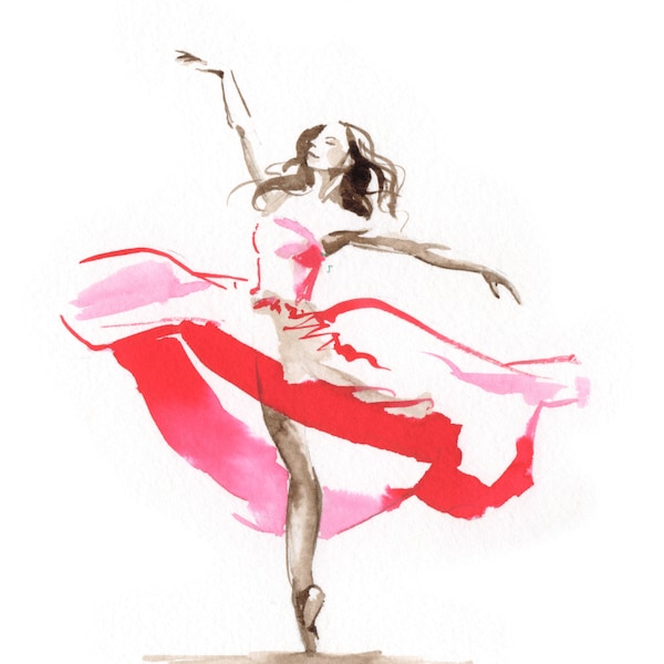 Dessin original unique à l'encre brou de Noix et aquarelle rouge  Danseuse classique en longue robe rouge Comédie Musicale  Spectacle