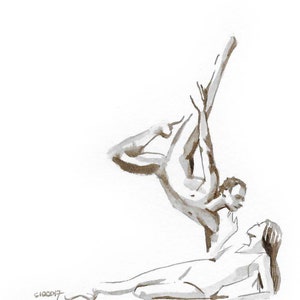 Piccolo dipinto originale e unico inchiostro brou noci Sepia Art carta Coppia di ballerini moderni baciare Offrire lavoro il bacio