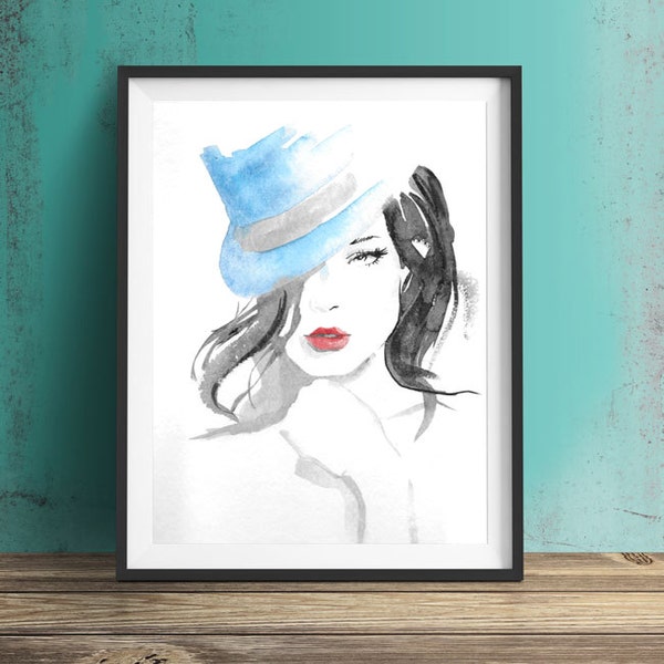 aquarelle originale et unique Portrait artistique femme mode sensuelle chapeau haut de forme bleu rouge à lèvres femme fatale 24x32 cm