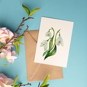 Perce Neige petite aquarelle originale et unique aux couleurs douces vert bleue carte postale Fleur romantique colorée par C100D17