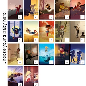 Lot 2 cartes affiches iIlustration Mini bébé comic super hero Speedy Canary Wonder Superman Ivy Catwoman Felicity Batman Arrow Flash Harley