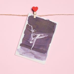 Peinture originale et unique Format carte postale Encre aquarelle violet danseuse classique sur pointe en tutu princesse étoile de l'opéra