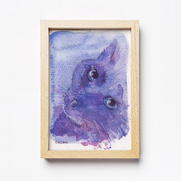 cadeau Original > Aquarelle unique Chat Bleu Regard Felin Dessin illustration - bleu violet -  10.5x14.8 cm - 4 9⁄64 in x 5 53⁄64 in