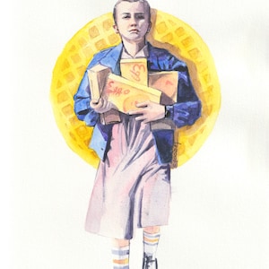 以下が含まれることがあります： 黄色いワッフルの背景に、Eggoの箱を持った人物の水彩画。人物は青いジャケット、ピンクのスカート、黒い靴を履いています。箱には「Eggo」の文字が書かれています。