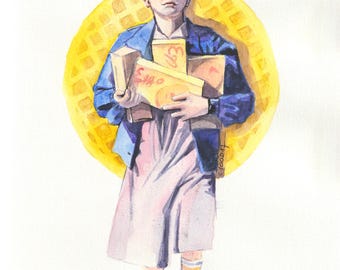 Pintura en acuarela de Eleven, la Reina de los Waffles, un tributo artístico único y original a Stranger Things, en papel artístico tamaño A4.