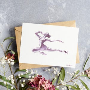 Encre violette originale et unique à encadrer format carte postale Jeune gymnaste au sol cheveux en chignon danseuse saut Brou de noix