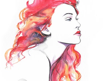 Original Gift >Profile of a red hair woman - Watercolor - Ink - Black Red Orange - 24x32 cm - 9 1/2 x 12 1/2 inches