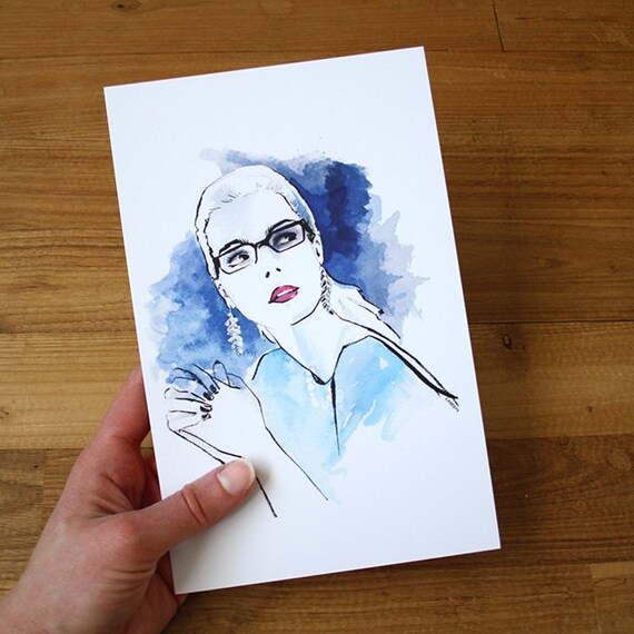 Watercolor Print Card of Woman Felicity Smoak Emily Bett Blue | Etsy