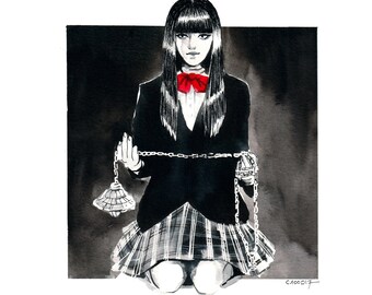 Gogo Yubari, the deadly schoolgirl - Indian ink by C100D17 Original watercolor work art paper square format 25cm Kill Bill Tribute