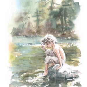 Print aquarelreproductie van een kleine visser aan de rivier in Fraser Ridge Forest Tree Nature Calm Mountain Landscape