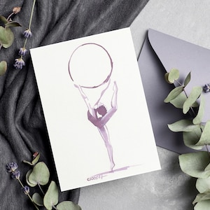 Petite Aquarelle originale et unique Encre violette à encadrer Format carte postale Jeune fille gymnaste avec cerceau GRS sport femme