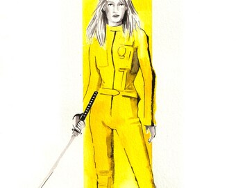 キル・ビルへのオマージュ：デッドリー・イエロー　ザ・ブライド　C100D17作　A4サイズの画用紙に描かれたオリジナル水彩画　キル・ビル・トリビュート・シリーズ