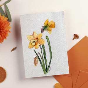 Fleur de jonquille petite aquarelle originale et unique aux couleurs rouges et noire carte postale Fleur romantique colorée