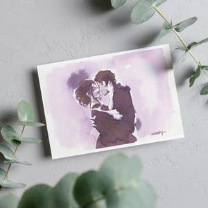 Pequeña pintura original y única Tinta violeta brillante Papel de arte Pareja de bailarines enamorados besándose Ofreciendo obra de arte el beso