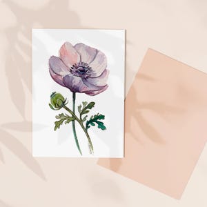 églantine petite aquarelle originale et unique aux couleurs douces roses violet bleue carte postale Fleur romantique colorée par C100D17