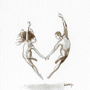 Petite peinture originale et unique à l'encre Sépia Cadeau carte postale d'art pas cher d'artiste à offrir Couple de danse moderne sautant