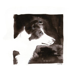 Acuarela única Cabeza de perro pequeño retrato de mascota en blanco y negro sobre papel de arte en tinta china formato 25x25 cm ilustración