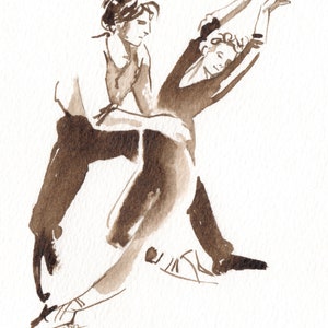 Piccolo originale e unico inchiostro brou noci Sepia Art carta coppia di ballerini moderni che abbracciano Offrendo un'opera d'arte