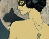 Digital art Catwoman Mucha Style art nouveau to frame great decoration Geek fanart sensual Super Hero Black cat mask dress back jewelry