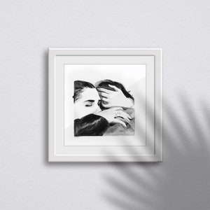 Encre de chine noir et blanc, Femme brune enlaçant son amoureux couple tendresse et amour Dessin original et unique 29x29cm papier d'art