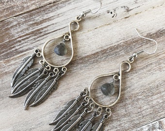 Boho Feather Charm & Gemstone Earrings