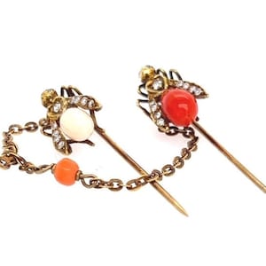 Pair of Matched 14K Victorian Diamond & Coral Fly Stick Pins