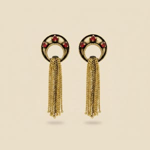 Retro Yellow Gold Ruby Door Knocker & Tassle Earrings