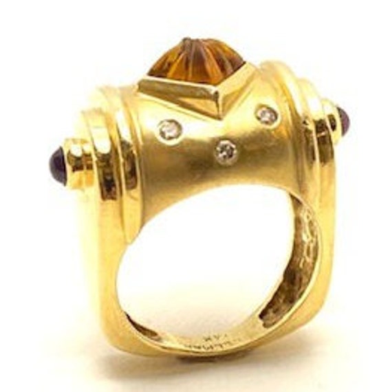 Yellow Gold Carved Citrine, Cabochon Ruby, & Diam… - image 1