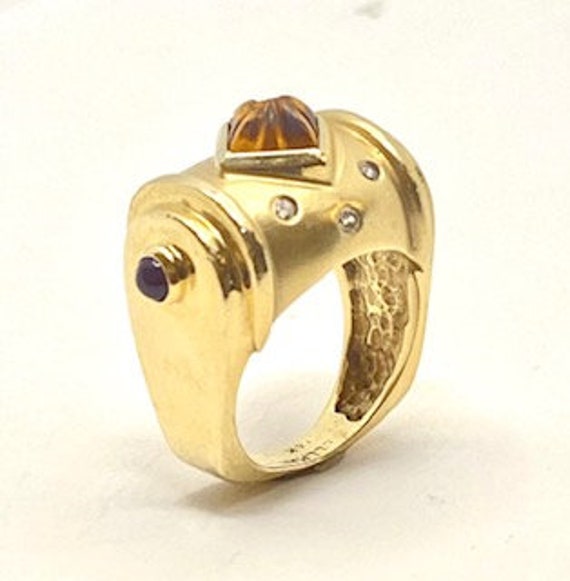 Yellow Gold Carved Citrine, Cabochon Ruby, & Diam… - image 2