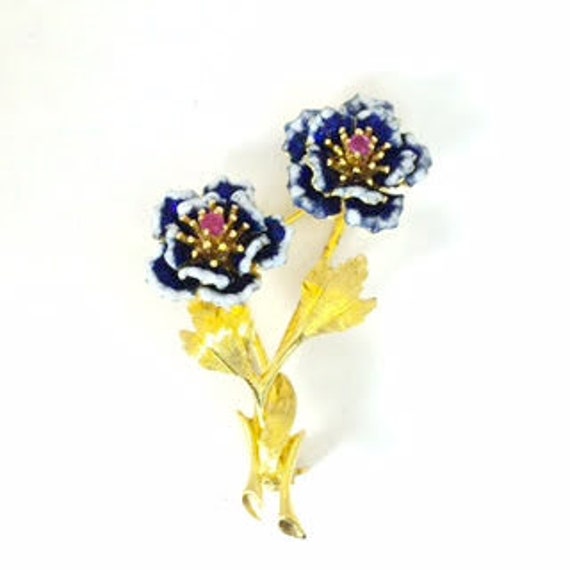 Yellow Gold Blue & White Enamel Ruby Flower Pin - image 1