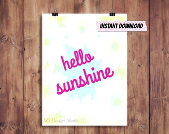 Hello Sunshine Print, Printable Summer Art, Summer Print, Summertime, White Yellow Blue, Hot Pink, flowers, Instant Download, girl nursery