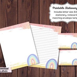 Printable Stationery Set - Rainbow and Glitter, lined and unlined writing paper, notecard, matching envelope, instant download