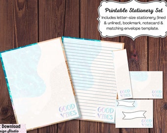 Printable Stationery Set - Good Vibes Summer beach, lined and unlined writing paper. bookmark, notecard, matching envelope, instant download