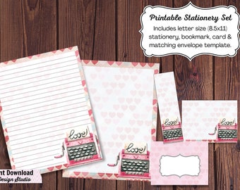 Printable Stationery Set - Pink Hearts and Typewriter, lined and unlined writing paper, card, bookmark, matching envelope, instant download