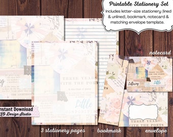 Printable Stationery Set - Vintage Collage with butterfly, lined and unlined writing paper, bookmark notecard, matching envelope, digital