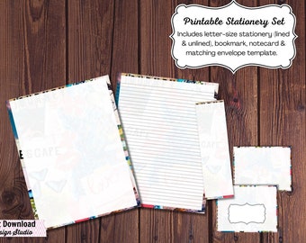 Printable Stationery Set - Travel Collage lined and unlined writing paper, bookmark, notecard, matching envelope, instant download