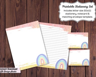 Printable Stationery Set - Rainbow and Glitter, lined and unlined writing paper, notecard, matching envelope, instant download