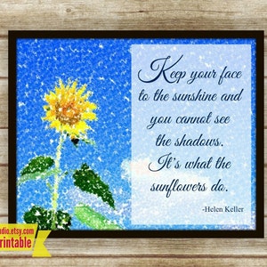 Sunflower Print, Helen Keller Quote - Printable Inspirational Quote, Blue and Yellow, Sunshine, 8x10 Wall Art Print - Instant Download