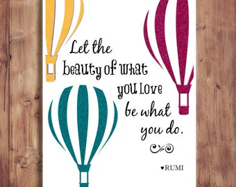 Inspirational Rumi Quote - Printable 8x10 Blue, Pink and Yellow Glitter Hot Air Balloons - Rumi Quote - Print Wall Art - Instant Download